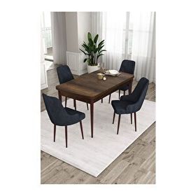 Canisa Ram Serisi 80x132 cm Açılabilir Barok Ahşap Desen 4 Sandalye Antrasit Mutfak Masa Takımı
