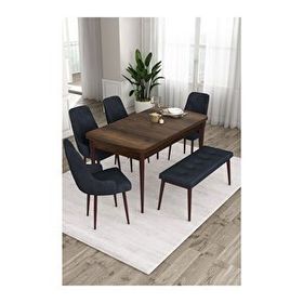 Canisa Ram Serisi, 80x132 cm Açılabilir Barok Ahşap Desen 4 Sandalye ve 1 Bench Antrasit Mutfak Masa Takımı