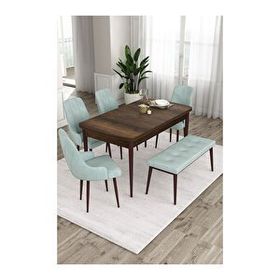 Canisa Ram Serisi 80x132 cm Açılabilir Barok Ahşap Desen 4 Sandalye ve 1 Bench Su Yeşili Mutfak Masa Takımı