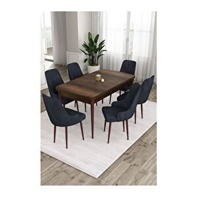 Canisa Ram Serisi 80x132 cm Açılabilir Barok Ahşap Desen 6 Sandalye Antrasit Mutfak Masa Takımı