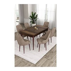 Canisa Ram Serisi 80x132 cm Açılabilir Barok Ahşap Desen 6 Sandalye Cappucino Mutfak Masa Takımı