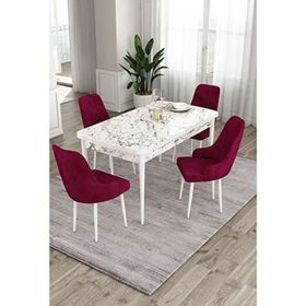 Canisa Ram Serisi 80x132 cm Açılabilir Beyaz Mermer Desen 4 Sandalye Mürdüm Mutfak Masa Takımı