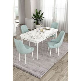 Canisa Ram Serisi 80x132 cm Açılabilir Beyaz Mermer Desen 4 Sandalye Su Yeşili Mutfak Masa Takımı