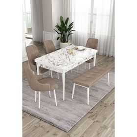 Canisa Ram Serisi 80x132 cm Açılabilir Beyaz Mermer Desen 4 Sandalye ve 1 Bench Cappucino Mutfak Masa Takımı