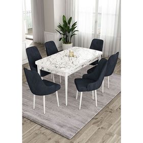Canisa Ram Serisi 80x132 cm Açılabilir Beyaz Mermer Desen 6 Sandalye Antrasit Mutfak Masa Takımı