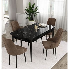 Canisa Ram Serisi 80x132 cm Açılabilir Siyah Mermer Desen 4 Sandalye Kahverengi Mutfak Masası Takımı