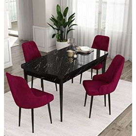 Canisa Ram Serisi 80x132 cm Açılabilir Siyah Mermer Desen 4 Sandalye Mürdüm Mutfak Masası Takımı