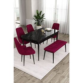 Canisa Ram Serisi 80x132 cm Açılabilir Siyah Mermer Desen 4 Sandalye ve 1 Bench Mürdüm Mutfak Masa Takımı