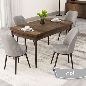 Canisa Rax Serisi 80x132 Açılabilir Beyaz Masa Ceviz Ayak Mutfak Masası Takımı ve 6 Adet Gri Sandalye