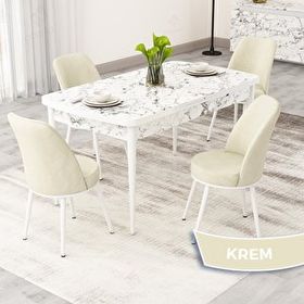 Canisa Rax Serisi 80x132 Açılabilir Beyaz Mermer Desen Mutfak Masası Takımı ve 4 Krem Sandalye