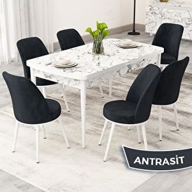 Canisa Rax Serisi 80x132 Açılabilir Beyaz Mermer Desen Mutfak Masası Takımı ve 6 Antrasit Sandalye