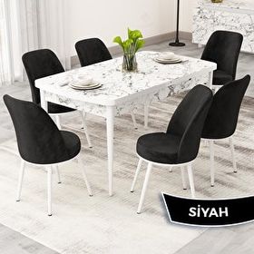 Canisa Rax Serisi 80x132 Açılabilir Beyaz Mermer Desen Mutfak Masası Takımı ve 6 Siyah Sandalye