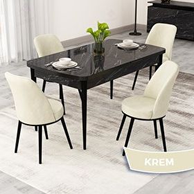 Canisa Rax Serisi 80x132 Açılabilir Siyah Mermer Desen Mutfak Masası Takımı ve 4 Krem Sandalye