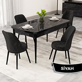 Canisa Rax Serisi 80x132 Açılabilir Siyah Mermer Desen Mutfak Masası Takımı ve 4 Siyah Sandalye