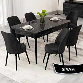 Canisa Rax Serisi 80x132 Açılabilir Siyah Mermer Desen Mutfak Masası Takımı ve 6 Siyah Sandalye