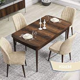 Canisa Rio Serisi 80x132 Açılabilir Mdf Barok Ahşap Desen 4 Krem Sandalye ve 1 Bench Krem Masa Takımı