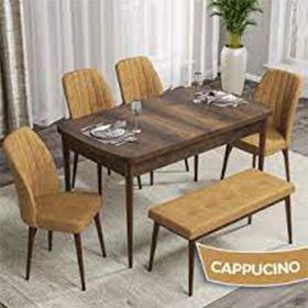 Canisa Rio Serisi 80x132 Açılabilir Mdf Barok Ahşap Desen Masa Takımı ve 4 Cappucino Sandalye