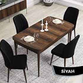 Canisa Rio Serisi 80x132 Açılabilir Mdf Barok Ahşap Desen Masa Takımı ve 4 Siyah Sandalye