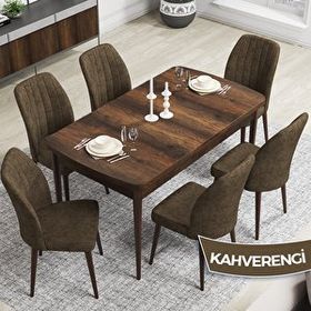 Canisa Rio Serisi 80x132 Açılabilir Mdf Barok Ahşap Desen Masa Takımı ve 6 Kahverengi Sandalye
