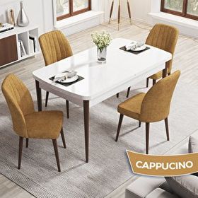 Canisa Rio Serisi 80x132 Açılabilir Mdf Beyaz Masa Ceviz Ayak Masa Takımı ve 4 Cappucino Sandalye
