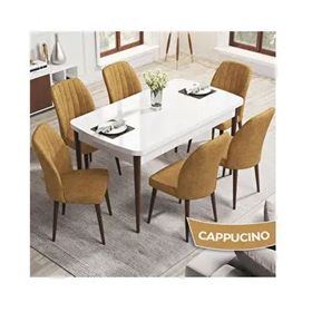 Canisa Rio Serisi 80x132 Açılabilir Mdf Beyaz Masa Ceviz Ayak Masa Takımı ve 6 Adet Cappucino Sandalye