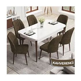 Canisa Rio Serisi 80x132 Açılabilir Mdf Beyaz Masa Ceviz Ayak Masa Takımı ve 6 Adet Kahverengi Sandalye