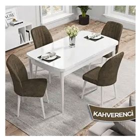 Canisa Rio Serisi 80x132 Açılabilir Mdf Beyaz Masa Takımı ve 4 Adet Kahverengi Sandalye