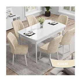 Canisa Rio Serisi 80x132 Açılabilir Mdf Beyaz Masa Takımı ve 6 Adet Krem Sandalye