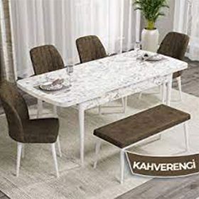 Canisa Rio Serisi 80x132 Açılabilir Mdf Beyaz Mermer Desen 4 Kahverengi Sandalye ve 1 Bench Kahverengi Masa Takımı