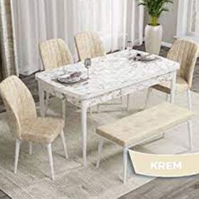 Canisa Rio Serisi 80x132 Açılabilir Mdf Beyaz Mermer Desen 4 Krem Sandalye ve 1 Bench Krem Masa Takımı