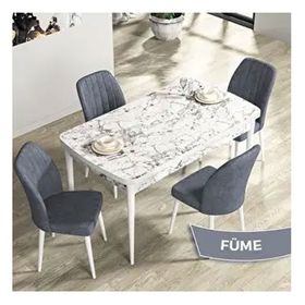 Canisa Rio Serisi 80x132 Açılabilir Mdf Beyaz Mermer Desen Masa Takımı ve 4 Adet Füme Sandalye