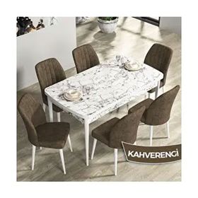 Canisa Rio Serisi 80x132 Açılabilir Mdf Beyaz Mermer Desen Masa Takımı ve 6 Adet Kahverengi Sandalye