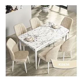 Canisa Rio Serisi 80x132 Açılabilir Mdf Beyaz Mermer Desen Masa Takımı ve 6 Adet Krem Sandalye