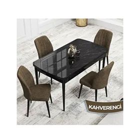 Canisa Rio Serisi 80x132 Açılabilir Mdf Siyah Mermer Desen Masa Takımı ve 4 Adet Kahverengi Sandalye