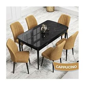 Canisa Rio Serisi 80x132 Açılabilir Mdf Siyah Mermer Desen Masa Takımı ve 6 Adet Cappucino Sandalye