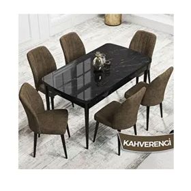 Canisa Rio Serisi 80x132 Açılabilir Mdf Siyah Mermer Desen Masa Takımı ve 6 Adet Kahverengi Sandalye