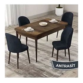 Canisa Roe Serisi 80x132 Açılabilir Barok Ahşap Desen Mutfak Masası Takımı ve 4 Adet Antrasit Sandalye