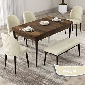 Canisa Roe Serisi 80x132 Açılabilir Barok Ahşap Desen Mutfak Masası Takımı ve 4 Krem Sandalye ve Krem 1 Bench