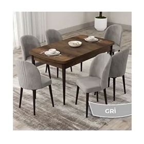 Canisa Roe Serisi 80x132 Açılabilir Barok Ahşap Desen Mutfak Masası Takımı ve 6 Adet Gri Sandalye