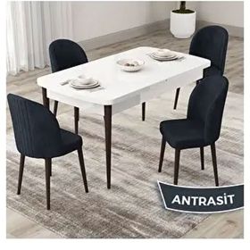 Canisa Roe Serisi 80x132 Açılabilir Beyaz Masa Ceviz Ayak Mutfak Masası Takımı ve 4 Adet Antrasit Sandalye
