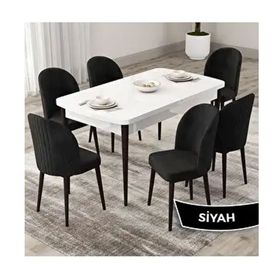 Canisa Roe Serisi 80x132 Açılabilir Beyaz Masa Ceviz Ayak Mutfak Masası Takımı ve 6 Adet Siyah Sandalye