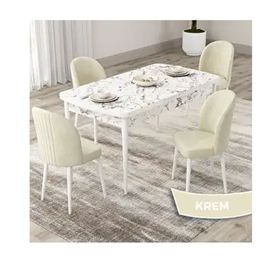Canisa Roe Serisi 80x132 Açılabilir Beyaz Mermer Desen Mutfak Masası Takımı ve 4 Adet Krem Sandalye