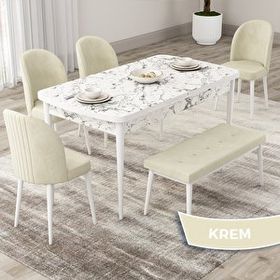 Canisa Roe Serisi 80x132 Açılabilir Beyaz Mermer Desen Mutfak Masası Takımı ve 4 Krem Sandalye ve Krem 1 Bench