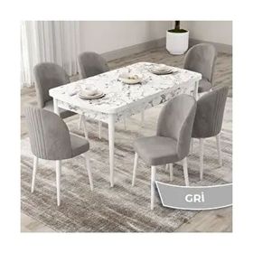 Canisa Roe Serisi 80x132 Açılabilir Beyaz Mermer Desen Mutfak Masası Takımı ve 6 Adet Gri Sandalye