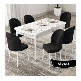 Canisa Roe Serisi 80x132 Açılabilir Beyaz Mermer Desen Mutfak Masası Takımı ve 6 Adet Siyah Sandalye
