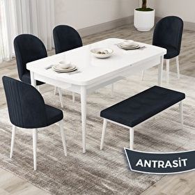 Canisa Roe Serisi 80x132 Açılabilir Beyaz Mutfak Masası Takımı ve 4 Antrasit Sandalye ve Antrasit 1 Bench