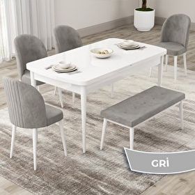 Canisa Roe Serisi 80x132 Açılabilir Beyaz Mutfak Masası Takımı ve 4 Gri Sandalye ve Gri 1 Bench