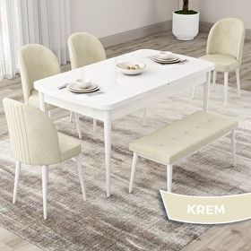 Canisa Roe Serisi 80x132 Açılabilir Beyaz Mutfak Masası Takımı ve 4 Krem Sandalye ve Krem 1 Bench