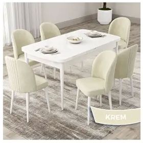 Canisa Roe Serisi 80x132 Açılabilir Beyaz Mutfak Masası Takımı ve 6 Adet Krem Sandalye