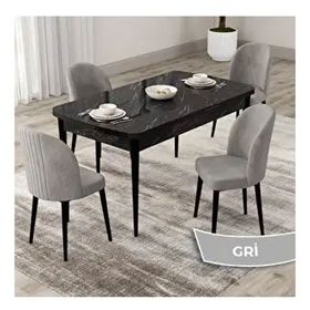 Canisa Roe Serisi 80x132 Açılabilir Siyah Mermer Desen Mutfak Masası Takımı ve 4 Adet Gri Sandalye